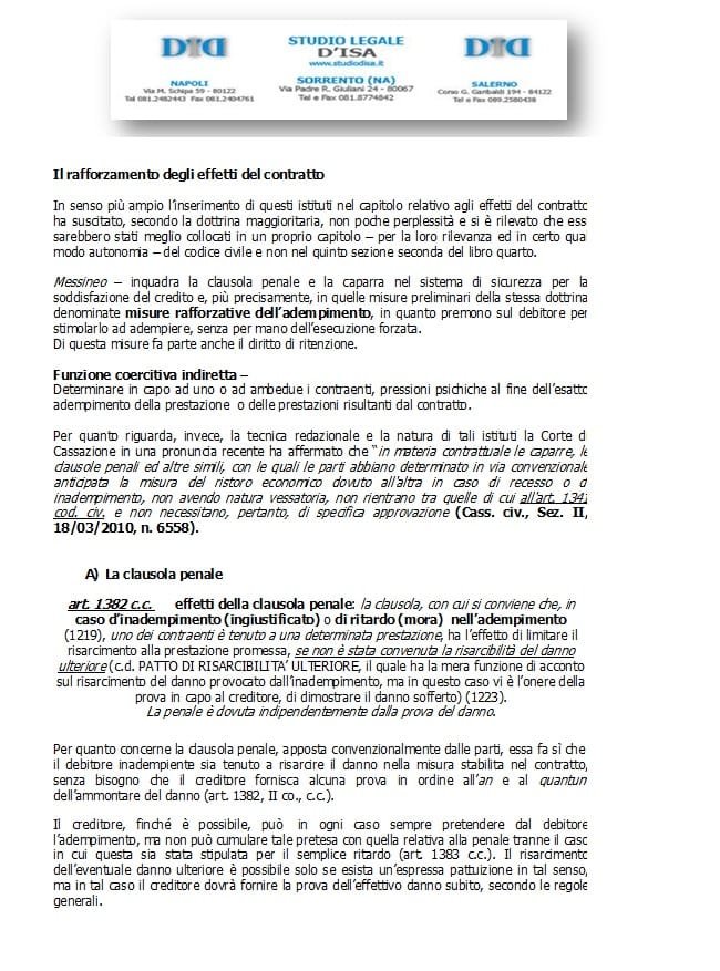 Il rafforzamento degli effetti del contratto, 1 la clausola penale; 2 la caparra confirmatoria; 3 la caparra penitenziale