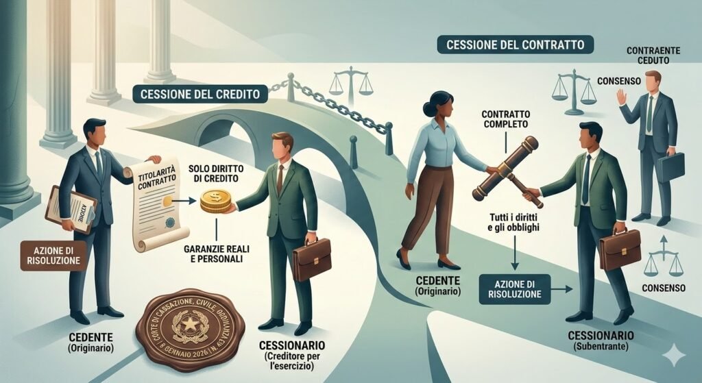 Con l'ordinanza n. 403 dell'8 gennaio 2026, la Corte di Cassazione, sezione civile, interviene sulla distinzione tra la cessione del contratto e la cessione del credito, delineando in modo chiaro i confini e le conseguenze di ciascun istituto, con particolare riferimento ai diritti trasferiti al cessionario.Cessione del contratto:La Corte chiarisce che la cessione del contratto determina il trasferimento dall'originario contraente (cedente) a un terzo (cessionario) dell'intera posizione contrattuale. Questo significa che il cessionario subentra in tutti i diritti e gli obblighi che facevano capo al cedente, sostituendosi a quest'ultimo nel rapporto contrattuale. Il consenso dell'altro contraente (ceduto) è fondamentale affinché la cessione produca effetti. In questo caso, si assiste a una vera e propria successione nel contratto, con la conseguenza che il cessionario acquisisce tutte le azioni e i rimedi previsti dalla legge per la tutela della sua posizione, inclusa l'azione di risoluzione per inadempimento.Cessione del credito:Diversamente, la cessione del credito ha un effetto molto più limitato. Essa consiste nel trasferimento del solo diritto di credito che il cedente vanta nei confronti del debitore. Rispetto alla cessione del contratto, non si verifica un subentro dell'intera posizione contrattuale, ma solo del diritto a ricevere la prestazione. La titolarità del rapporto contrattuale originale rimane in capo al cedente, che continua a essere la parte contraente. Il cessionario, quindi, non acquisisce i diritti e gli obblighi inerenti all'essenza del contratto, ma solo quelli legati alla realizzazione del credito ceduto. Tra questi rientrano le garanzie reali e personali, gli accessori del credito e le azioni dirette ad ottenere l'adempimento della prestazione.Conseguenze pratiche:La distinzione tra i due istituti ha importanti ripercussioni pratiche. Ad esempio, se il debitore non adempie alla prestazione, il cessionario del credito può agire per ottenere l'adempimento e far valere le garanzie, ma non può chiedere la risoluzione del contratto originale per inadempimento. Quest'ultima azione spetta unicamente all'originario contraente (cedente), in quanto la titolarità del negozio non si è trasferita al cessionario del credito.Conclusione:L'ordinanza n. 403/2026 della Corte di Cassazione ribadisce l'importanza di distinguere con precisione la cessione del credito dalla cessione del contratto. Sebbene entrambi gli istituti comportino un trasferimento di diritti, la loro portata è profondamente diversa. La cessione del contratto implica una successione intera nella posizione contrattuale, mentre la cessione del credito è limitata al solo diritto di ricevere la prestazione. Questa distinzione ha conseguenze cruciali sui diritti e sulle azioni che possono essere esercitati dalle parti coinvolte